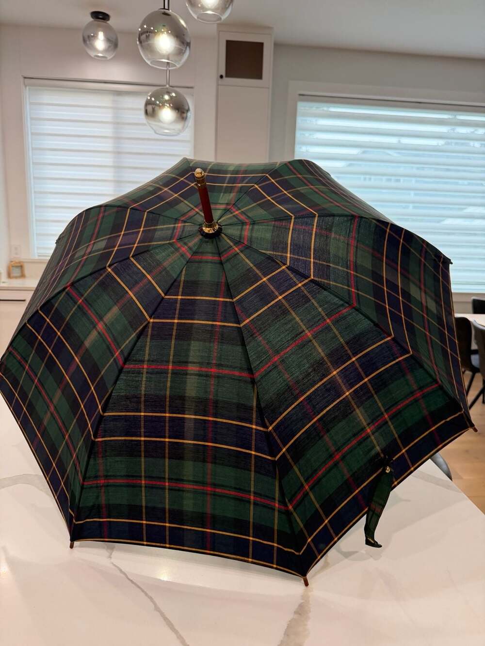 Polo Ralph Lauren Tartan Plaid Stick Umbrella with Leather Hook Handle